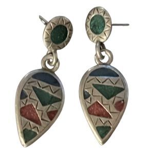 Southwestern Silver Tone Multicolored Inlay Dangle Earrings